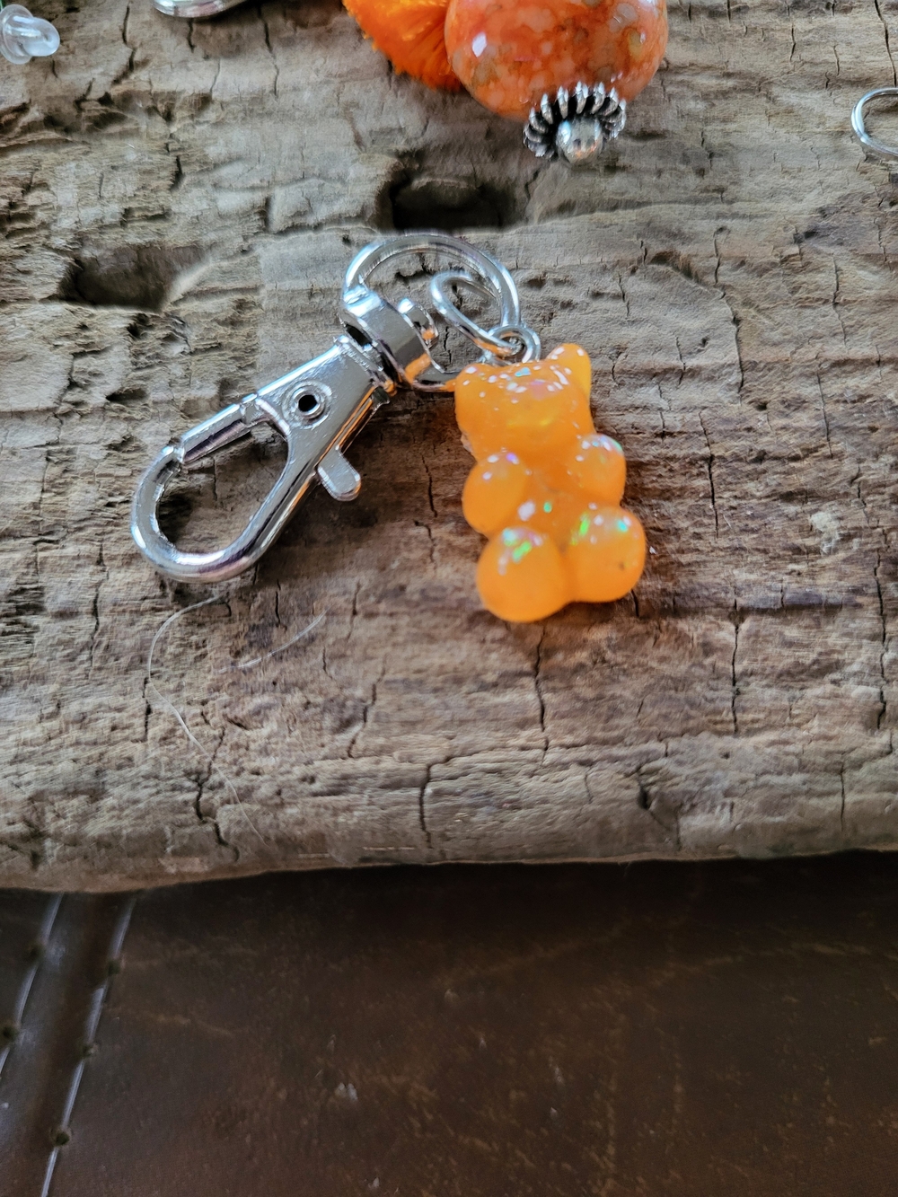 Orange Glitter Gummy Bear Zipper Pull Or Keychain